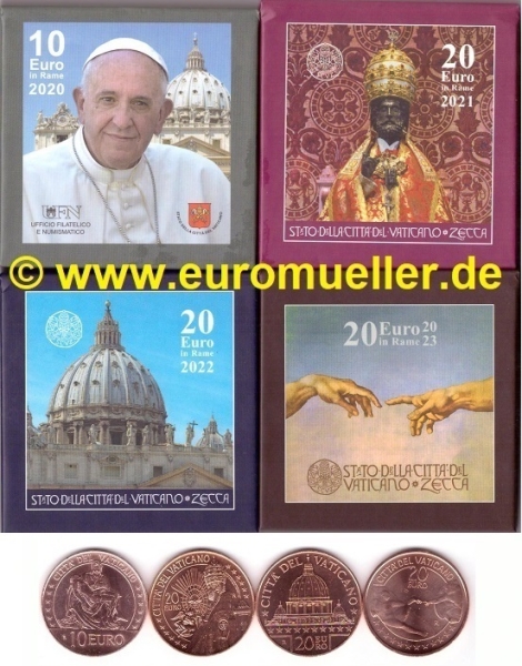 Vatikan 10 Euro 2020 + 20 Euro 2021, 2022,2023 Gedenkmünzen in Kupfer in Box